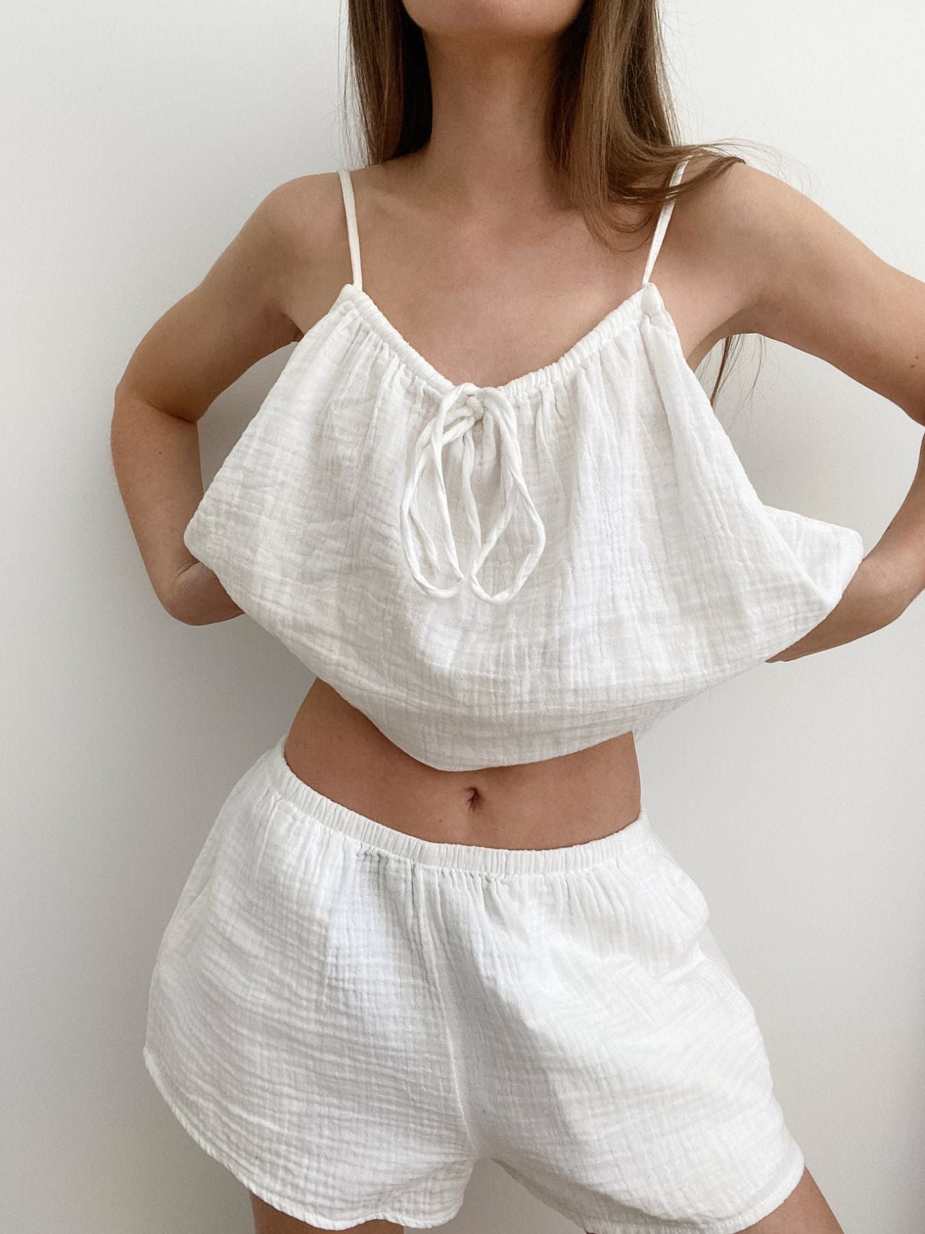 White Tie Front Relaxed Cami and Shorts Two-Piece Set