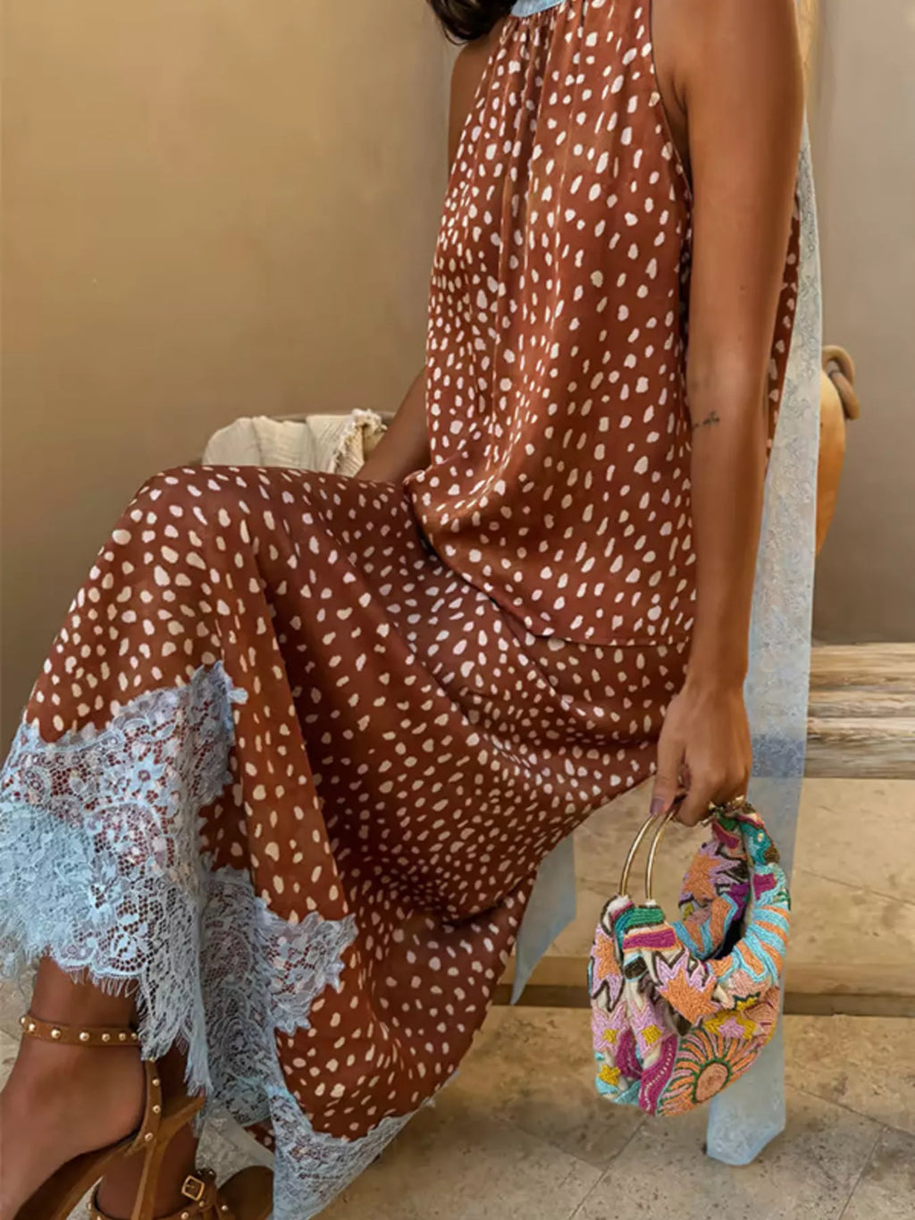 Brown Polka Dot Sleeveless Top and Lace Detail Skirt Set
