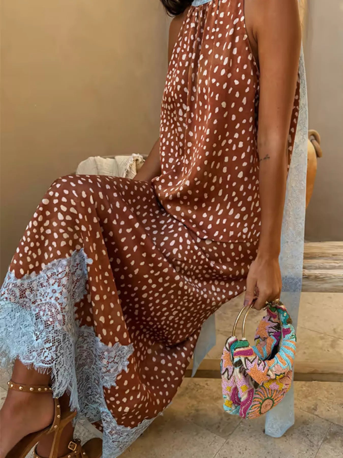Brown Polka Dot Sleeveless Top and Lace Detail Skirt Set