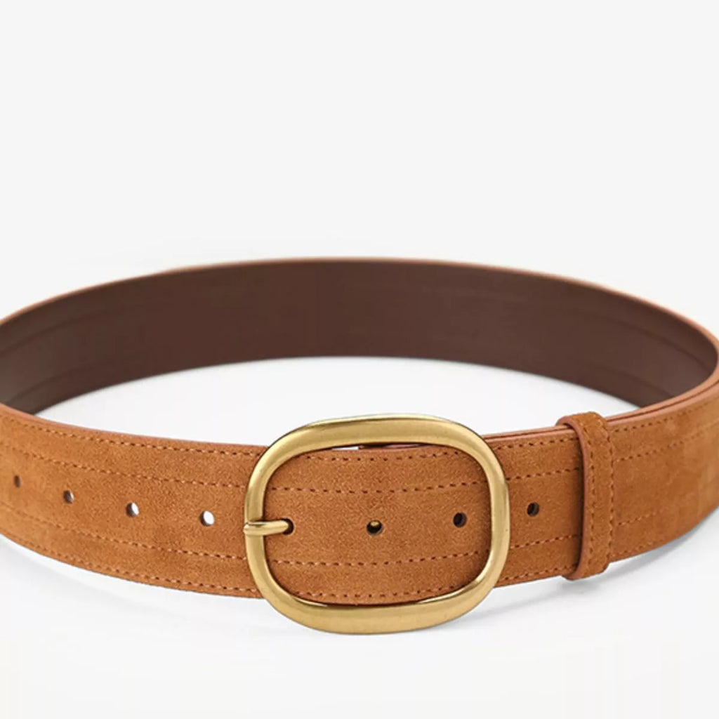 Wide Tan Suede Leather Belt with Gold Tone Oval Buckle