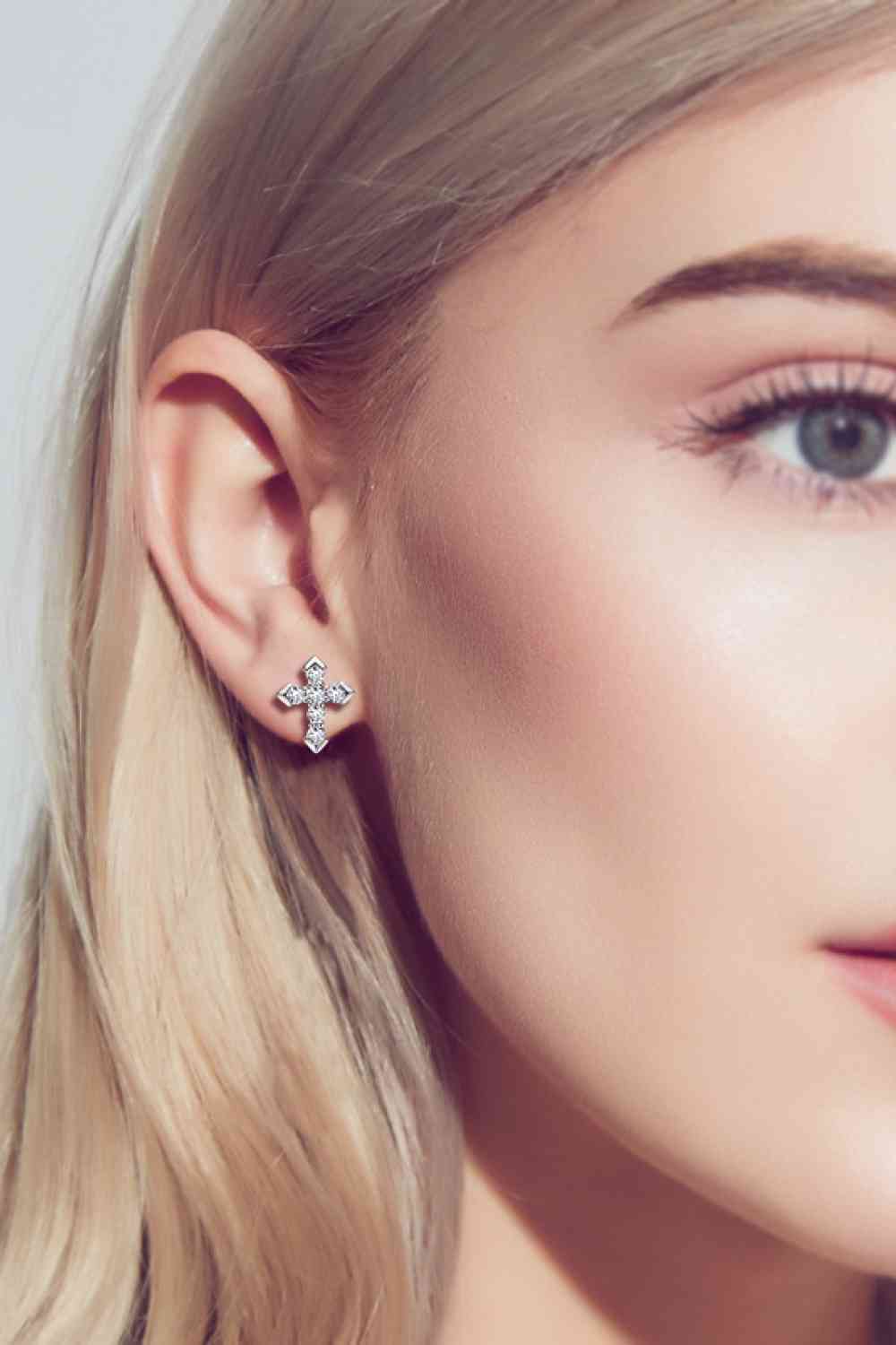 Moissanite Elegance Cross Stud Earrings – Minimalist Design in Platinum-Plated Silver See size chart under “more details”