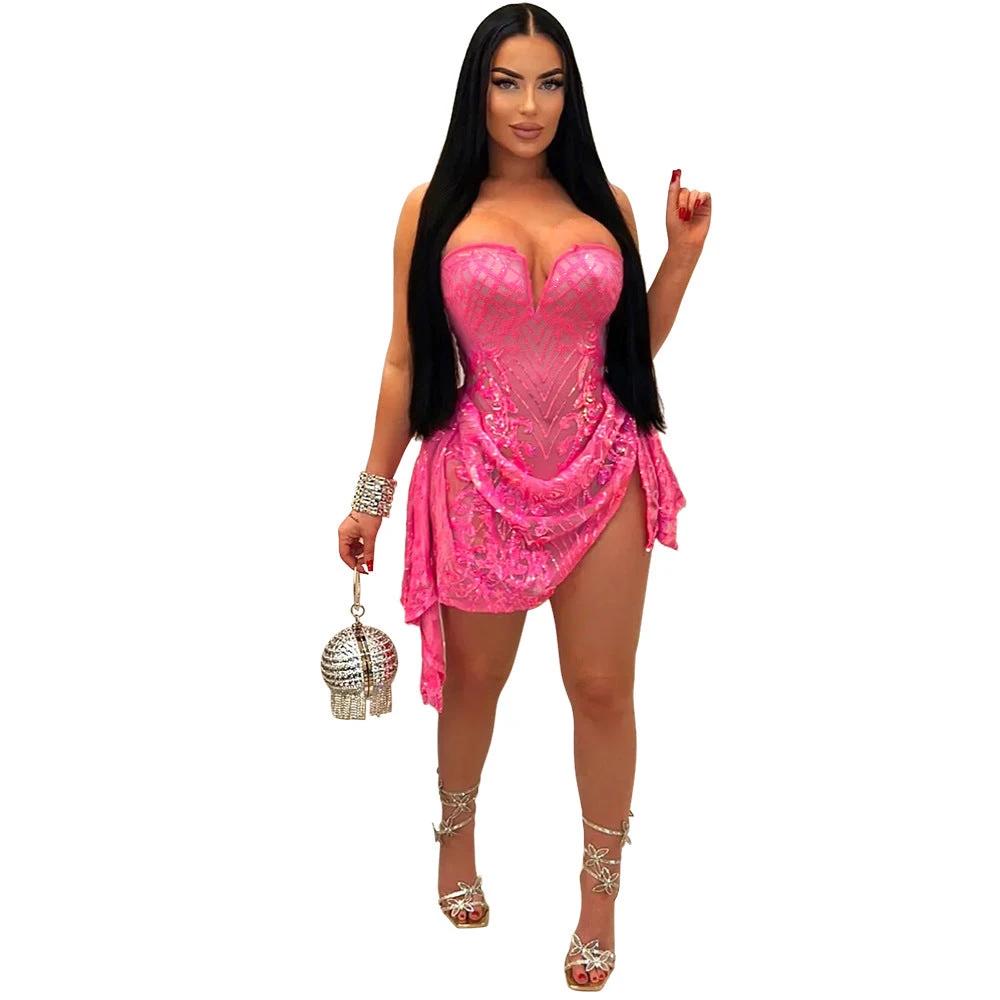 European And American Sexy V-neck Tube Top See-through Sequins Dress Women