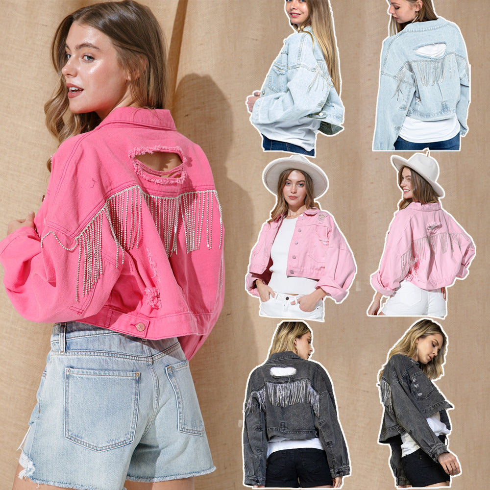 Ripped Rhinestone Denim Jacket Tassel Long Sleeve Denim Jacket See size chart under “more details”