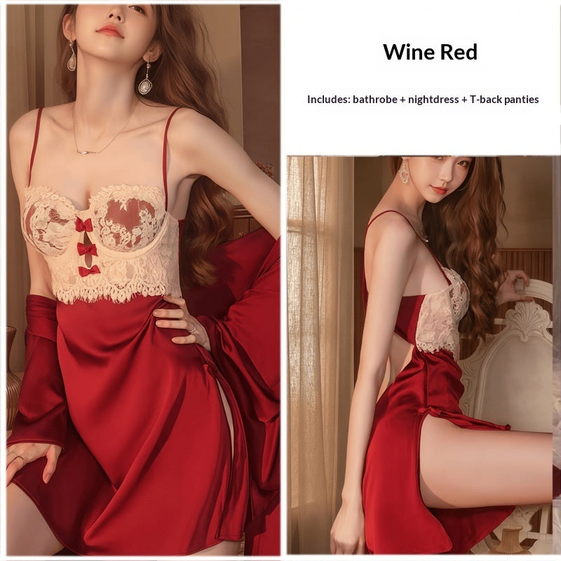 Womens Plus-Size Lace Ice Silk Underwire Camisole Bathrobe Set See size chart under “more details”
