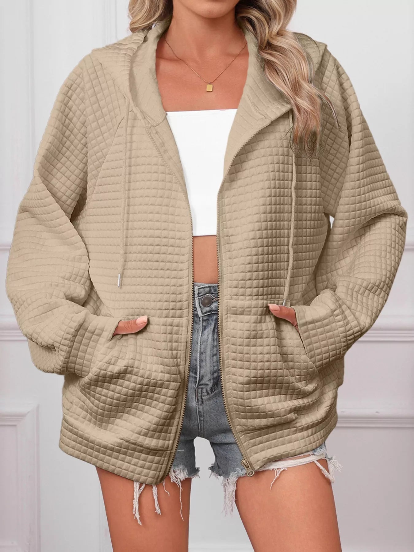 White Quilted Zip-Up Hooded Jacket with Drawstring