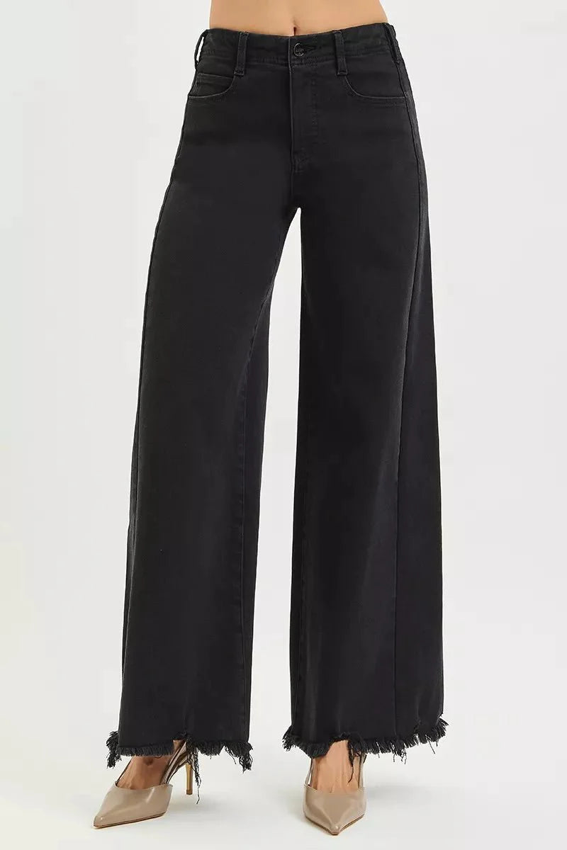 RISEN Tummy Control High Rise Palazzo Leg Frayed Hem Jeans - Stylish Tummy Control High Rise Jeans