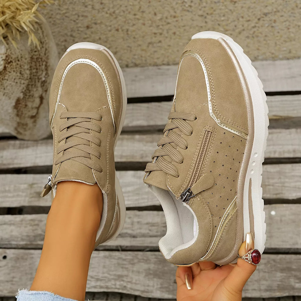 Women's Casual Round Toe Lace Up Sneakers with Side Zipper Detail