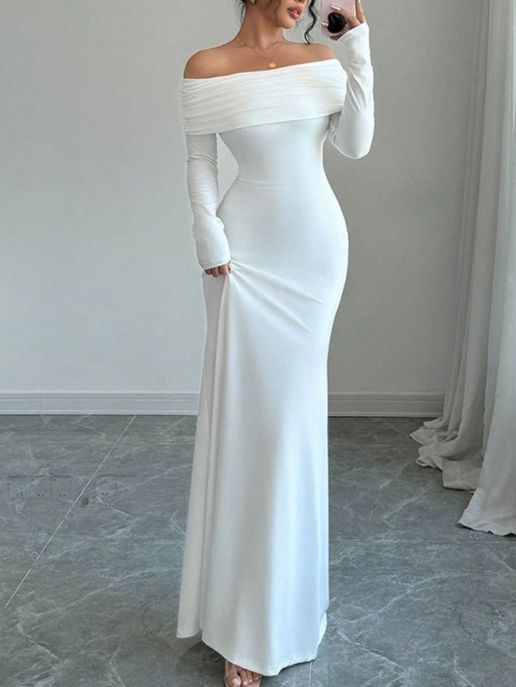 White Off-Shoulder Long Sleeve Bodycon Maxi Dress