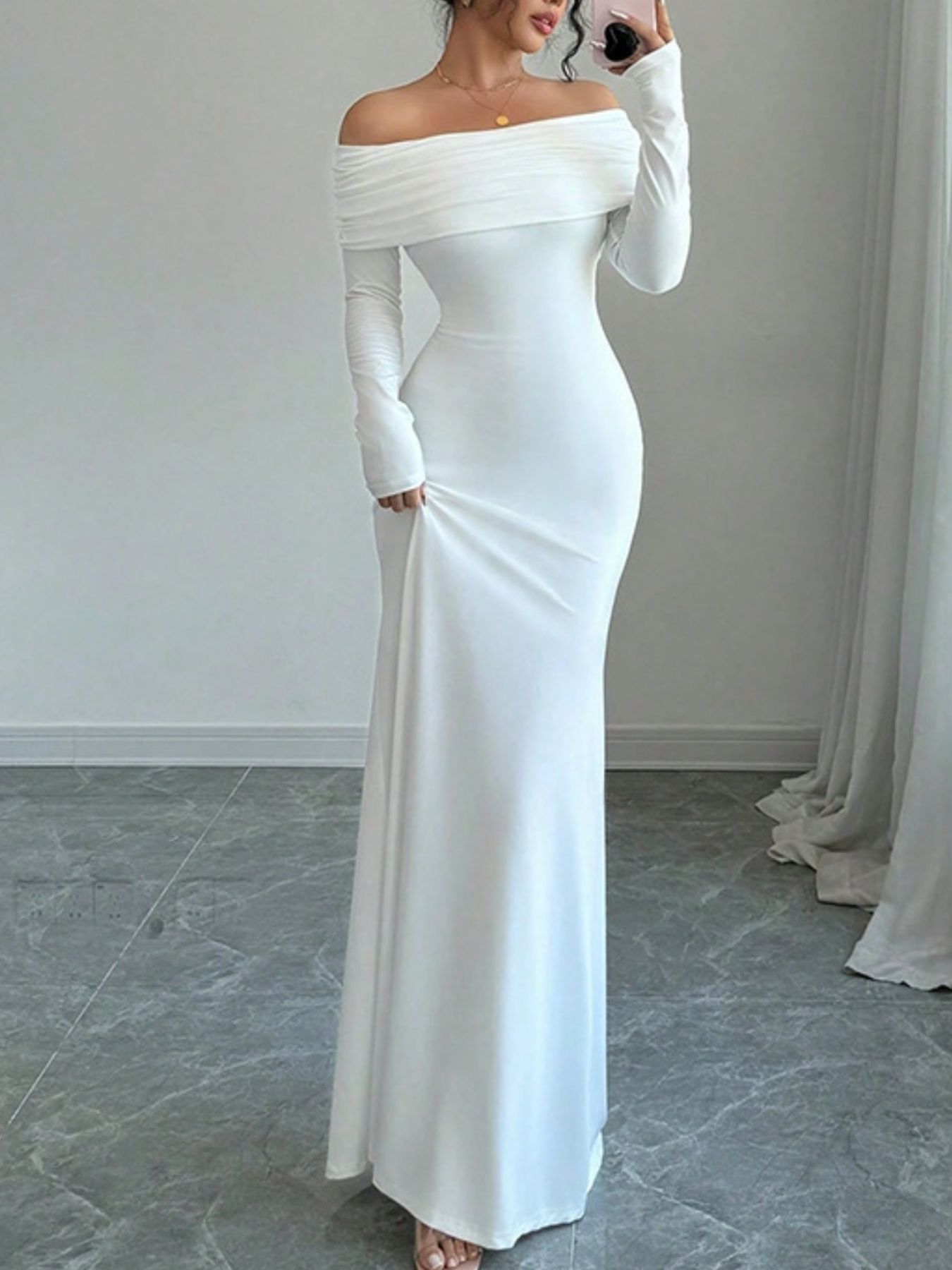 White Off-Shoulder Long Sleeve Bodycon Maxi Dress