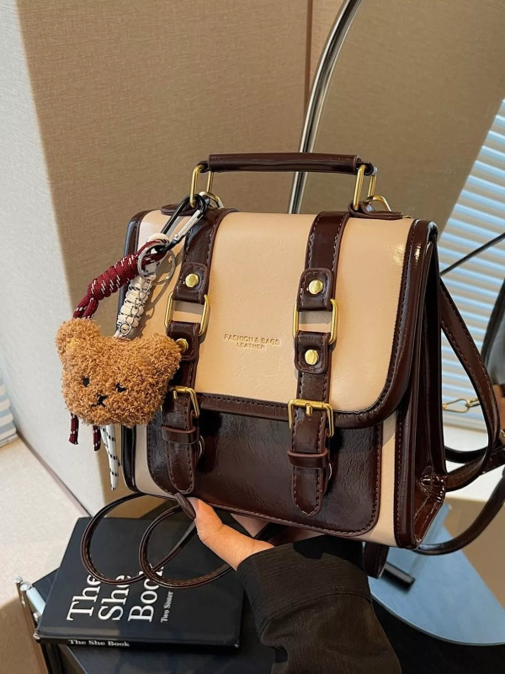 Two-Tone Brown and Beige Small Buckle Flap Backpack