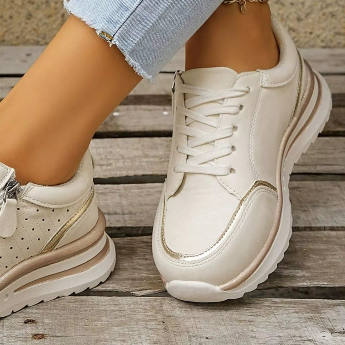 Women's Casual Round Toe Lace Up Sneakers with Side Zipper Detail