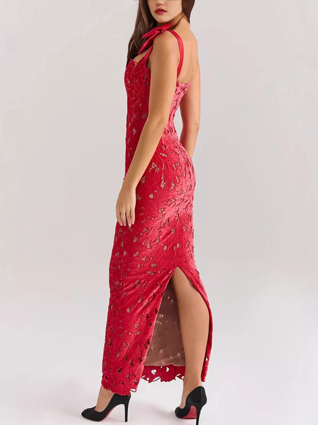 Black Lace Maxi Dress with Tie Shoulder Detail