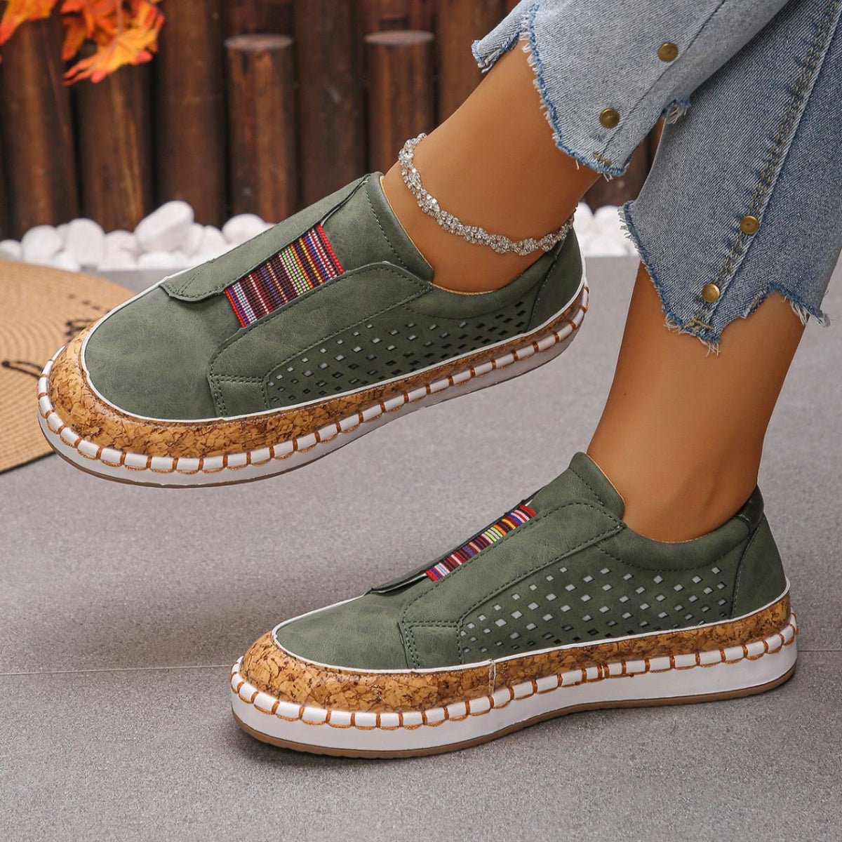 Women's Casual Slip-On Walking Sneakers with Cork Trim Detail