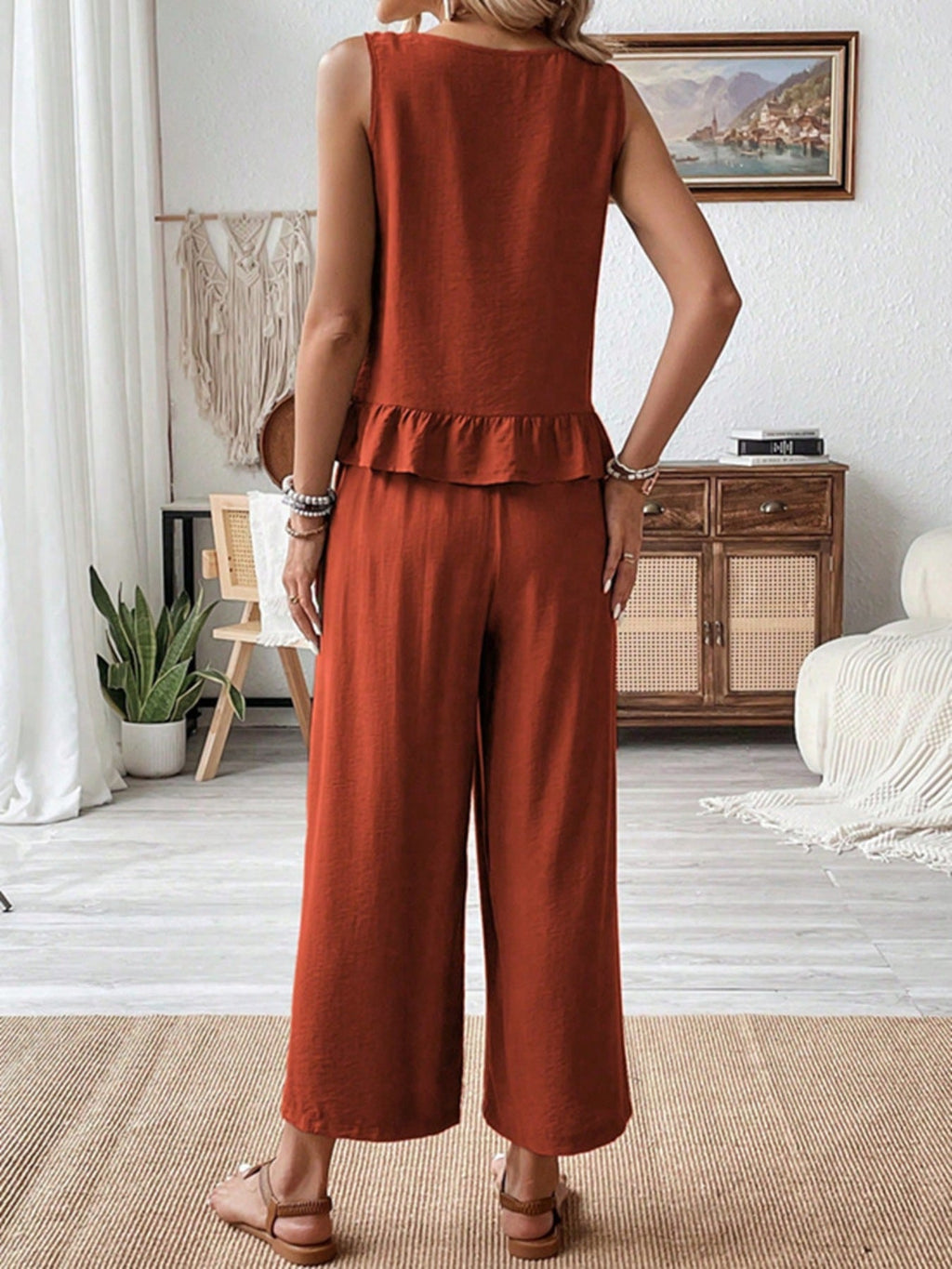Women's Rust Sleeveless Ruffle Hem Tank & Wide Leg Pant Set