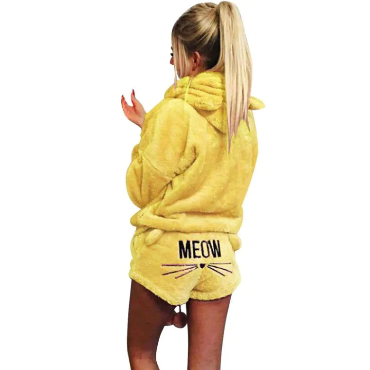 Women's Plush Hoodie and Shorts Pajama Loungewear Set