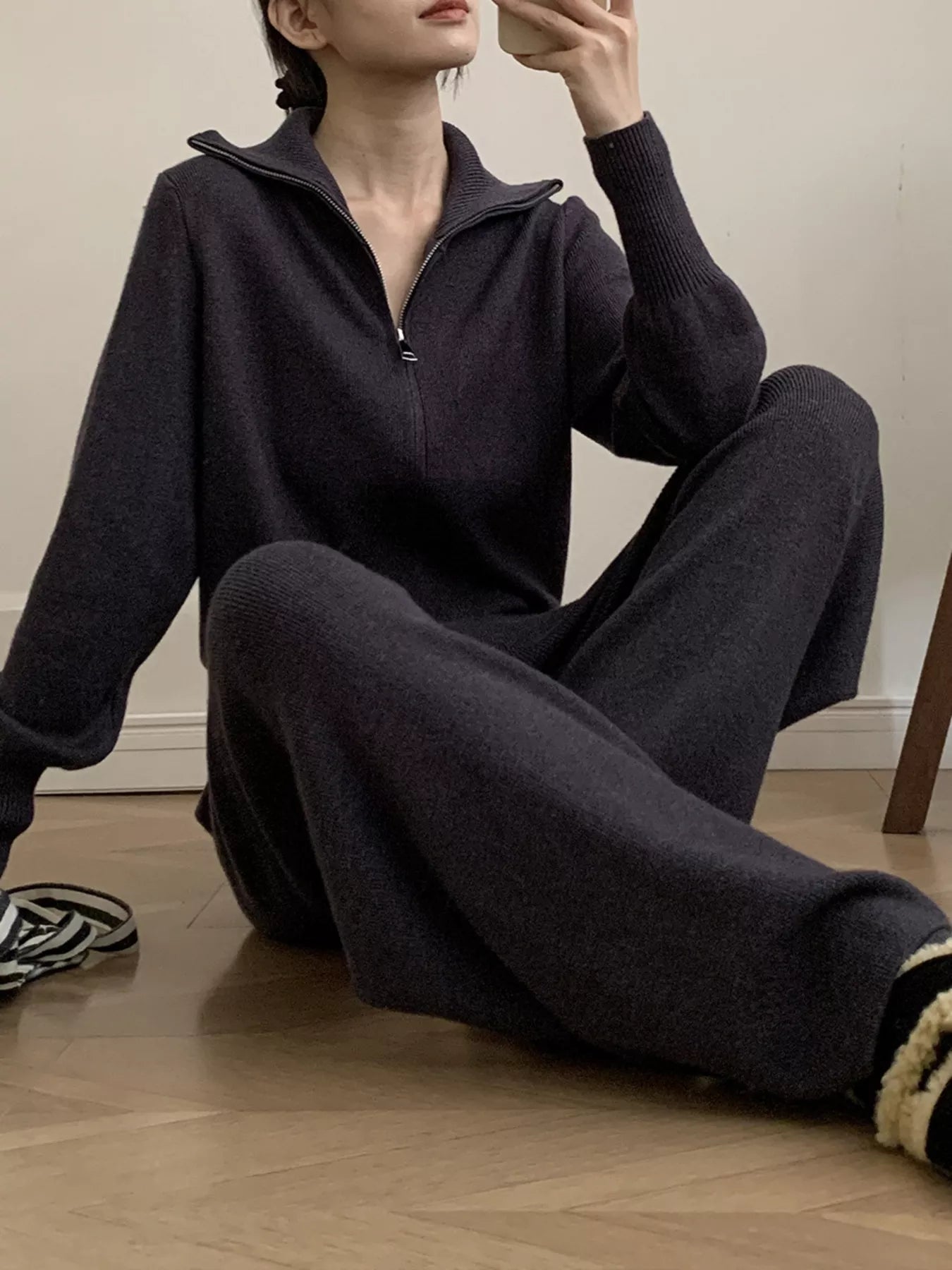 Women's Zip Up Collared Loungewear Set with Wide Leg Pants