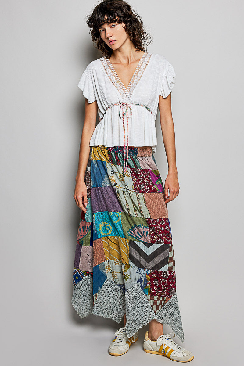 White Tied Ruffled V-Neck Short Sleeve Blouse with Lace Details