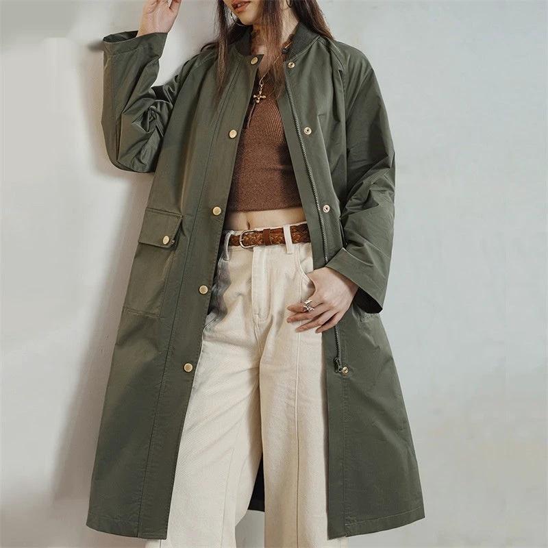 Retro Olive Green Trench Coat Mid-length Loose Women