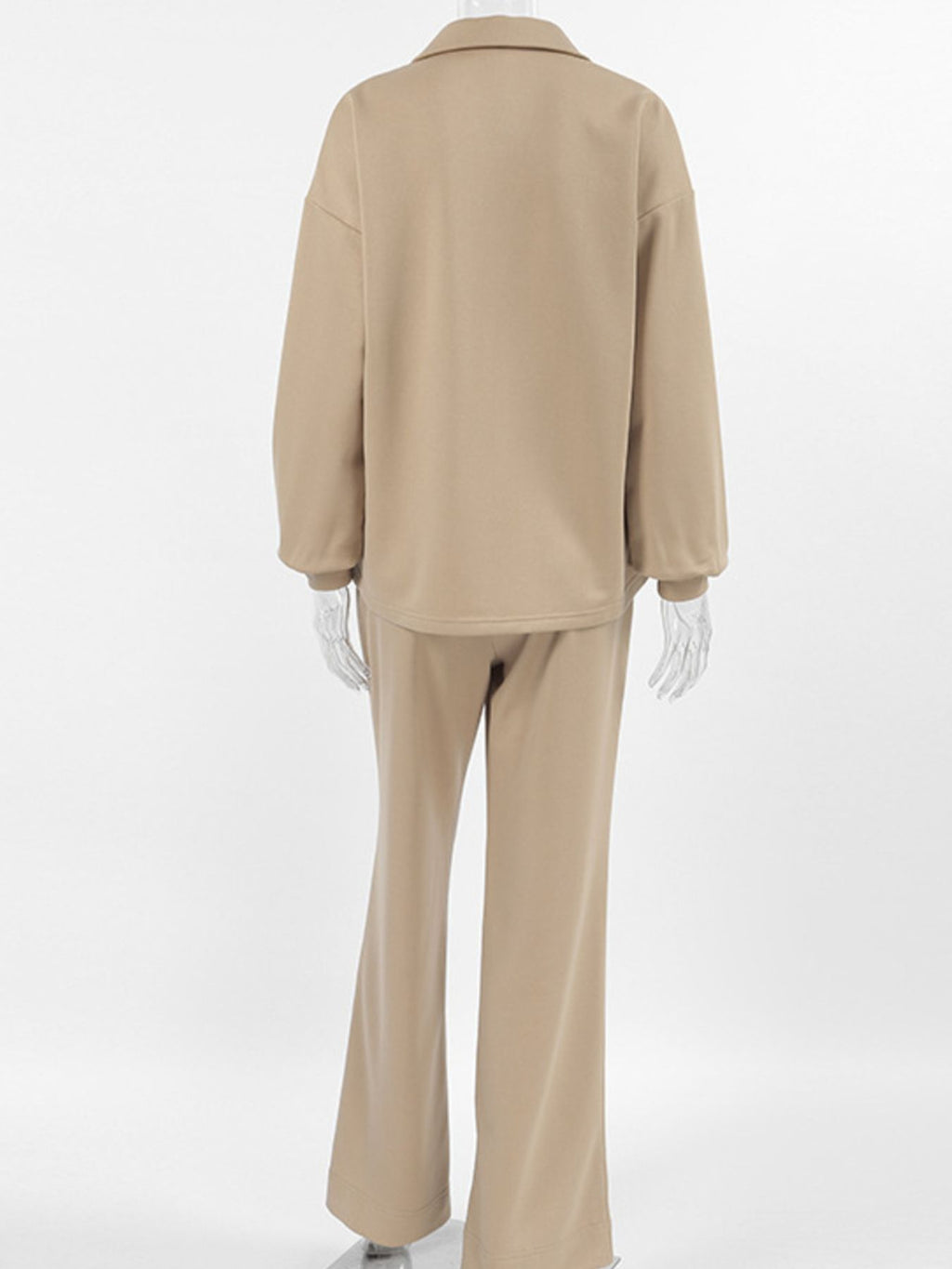Women's Quarter Zip Long Sleeve Top & Wide Leg Pants Set Beige