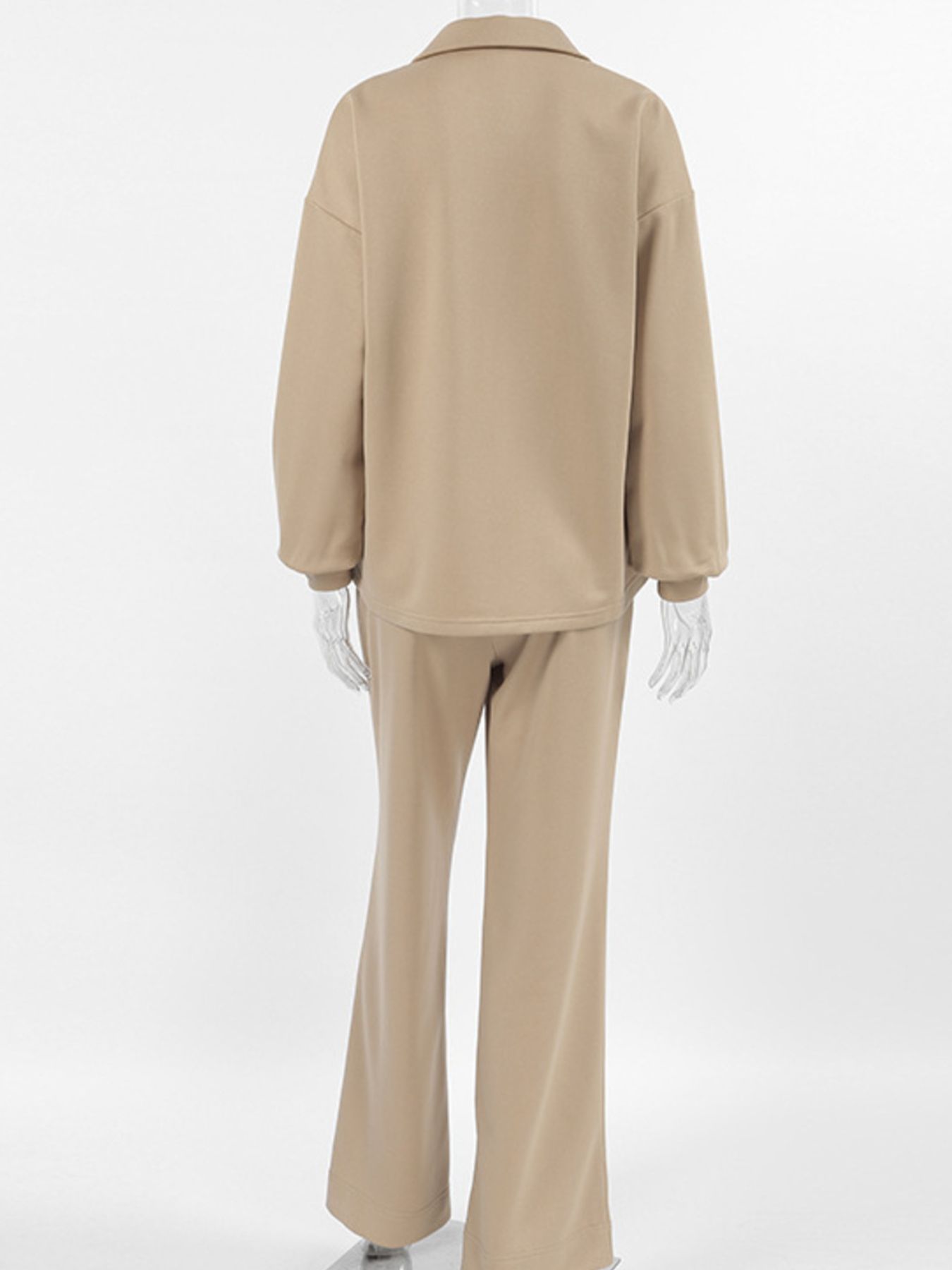 Women's Quarter Zip Long Sleeve Top & Wide Leg Pants Set Beige