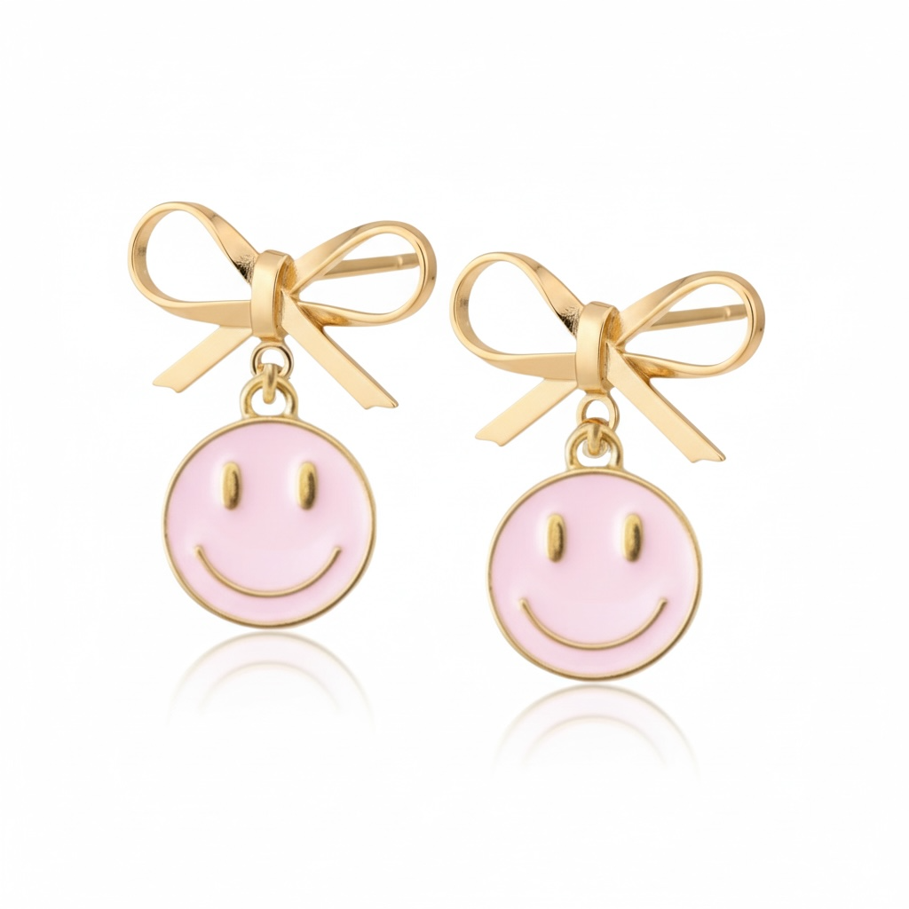 Smiley Face Earrings with Bow Detail