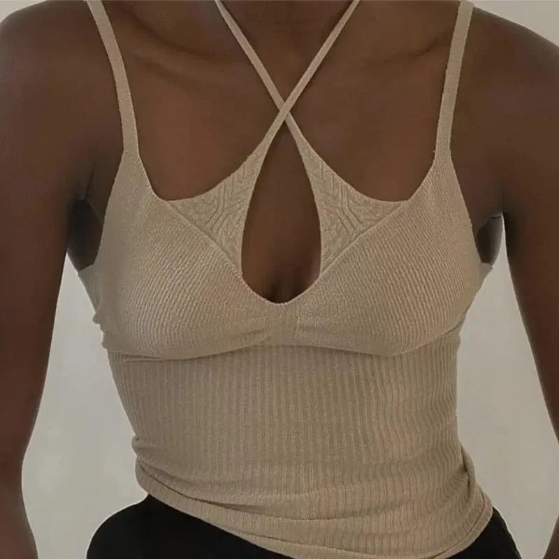 Damian Beige Cotton Cross Halter Top