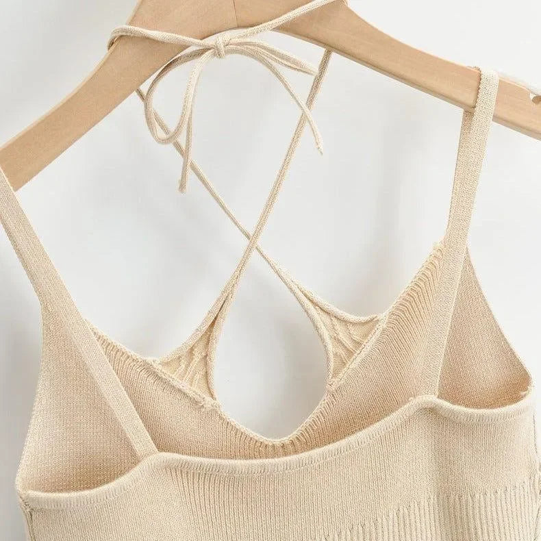 Damian Beige Cotton Cross Halter Top