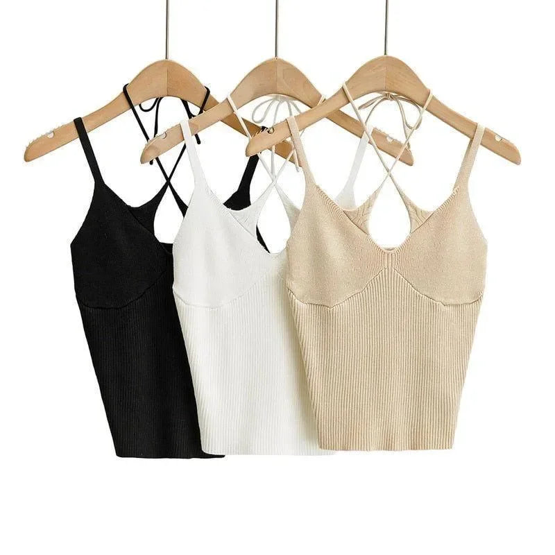 Damian Beige Cotton Cross Halter Top