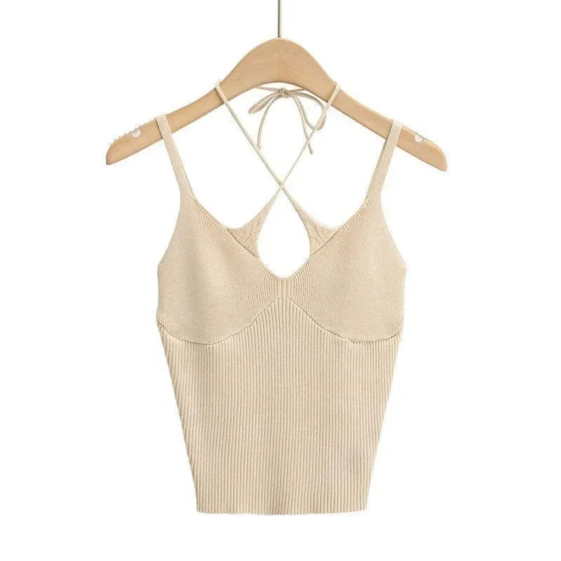 Damian Beige Cotton Cross Halter Top