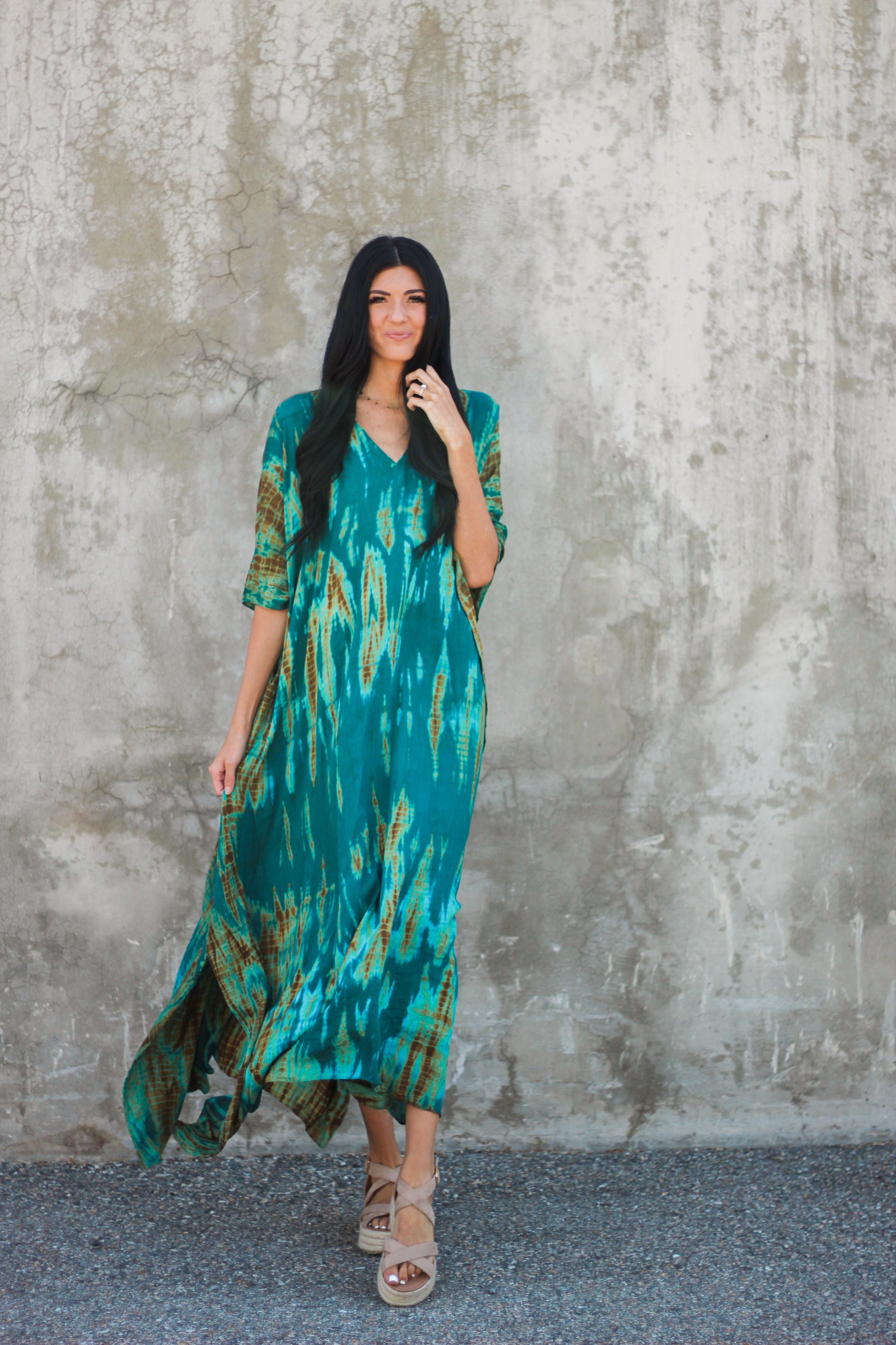 Teal Green Tie Dyed Kaftan Dress with Pockets - Plus Size Women's