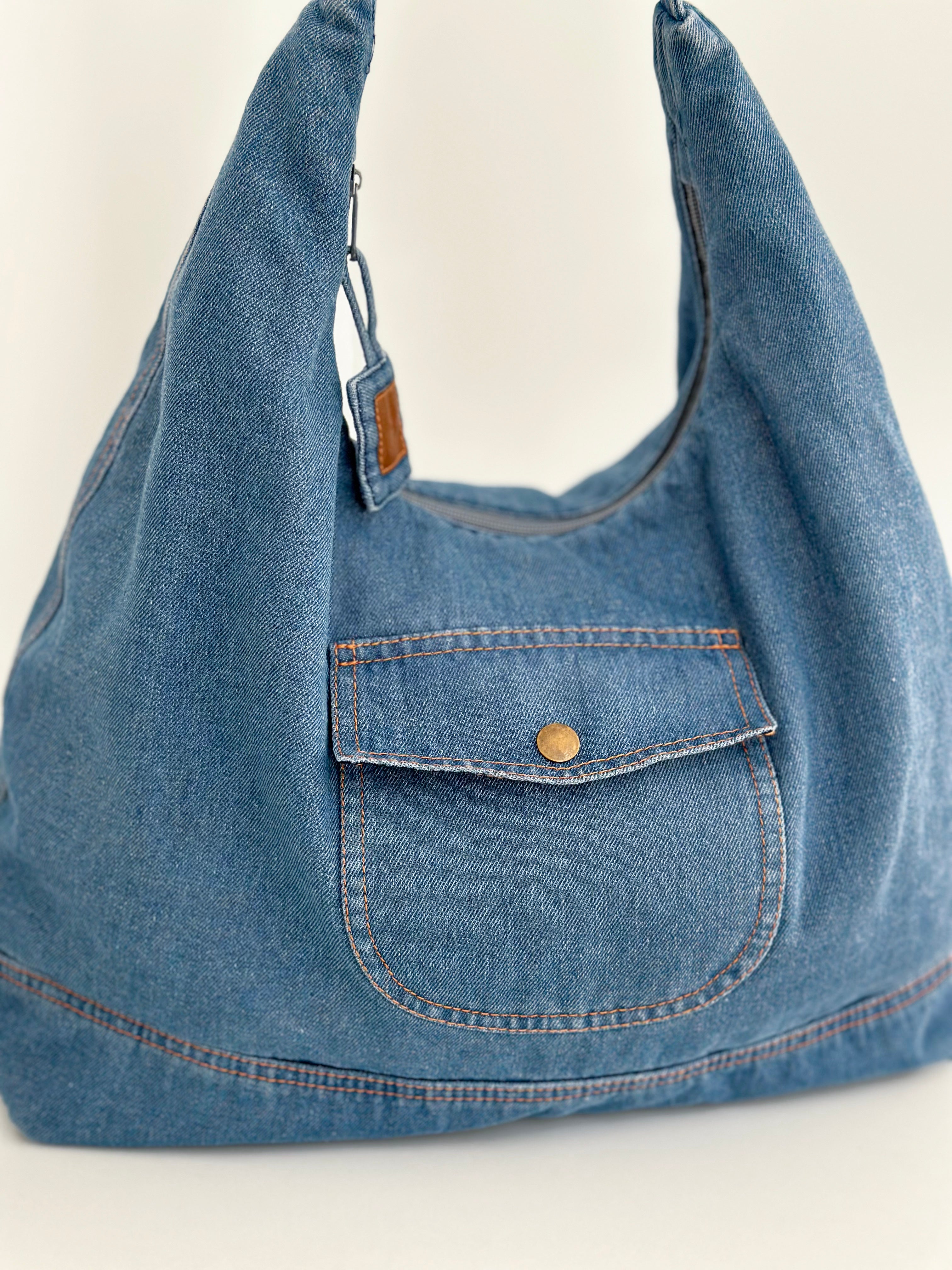 Oversized Slouchy Denim Hobo Shoulder Bag Casual Light Blue DenimDeko