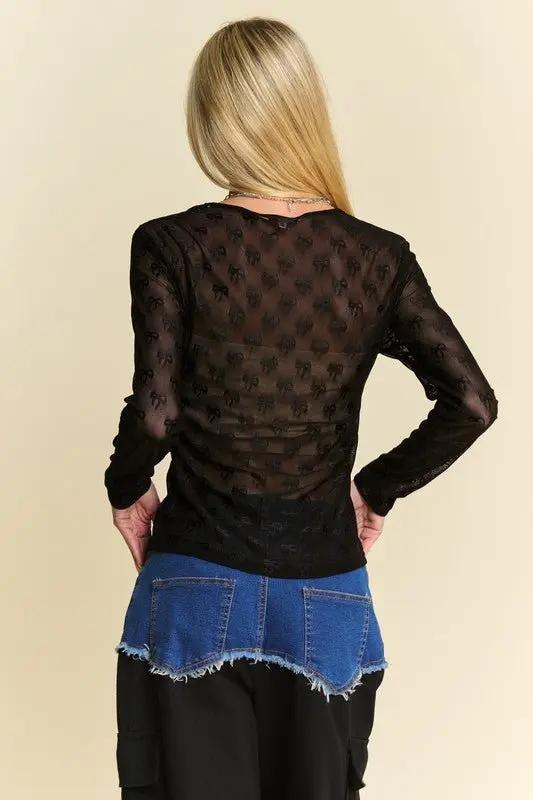 Pants Trendsi Bow Mesh Top Women's Party/Date Long Sleeve Shirt Chic, See-Through