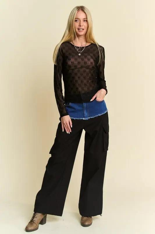 Pants Trendsi Bow Mesh Top Women's Party/Date Long Sleeve Shirt Chic, See-Through