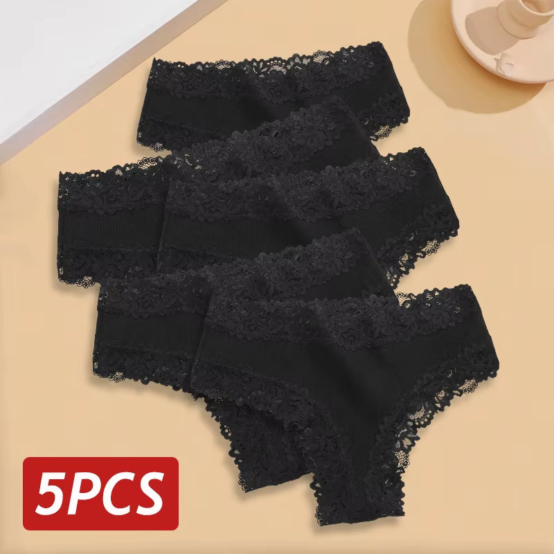 5Pcs/Set Women Lace Seamless Cotton Panties Sexy Brazilian Pants Ribbed Breathable Girls Underwear Soft plus Size Lingerie S-XL