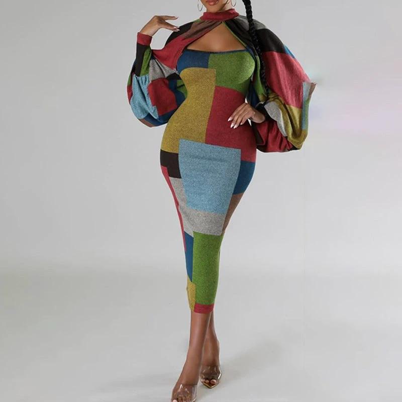 New Fashion Stitching Printing Color Contrast Long Sleeve Plus Size Dress