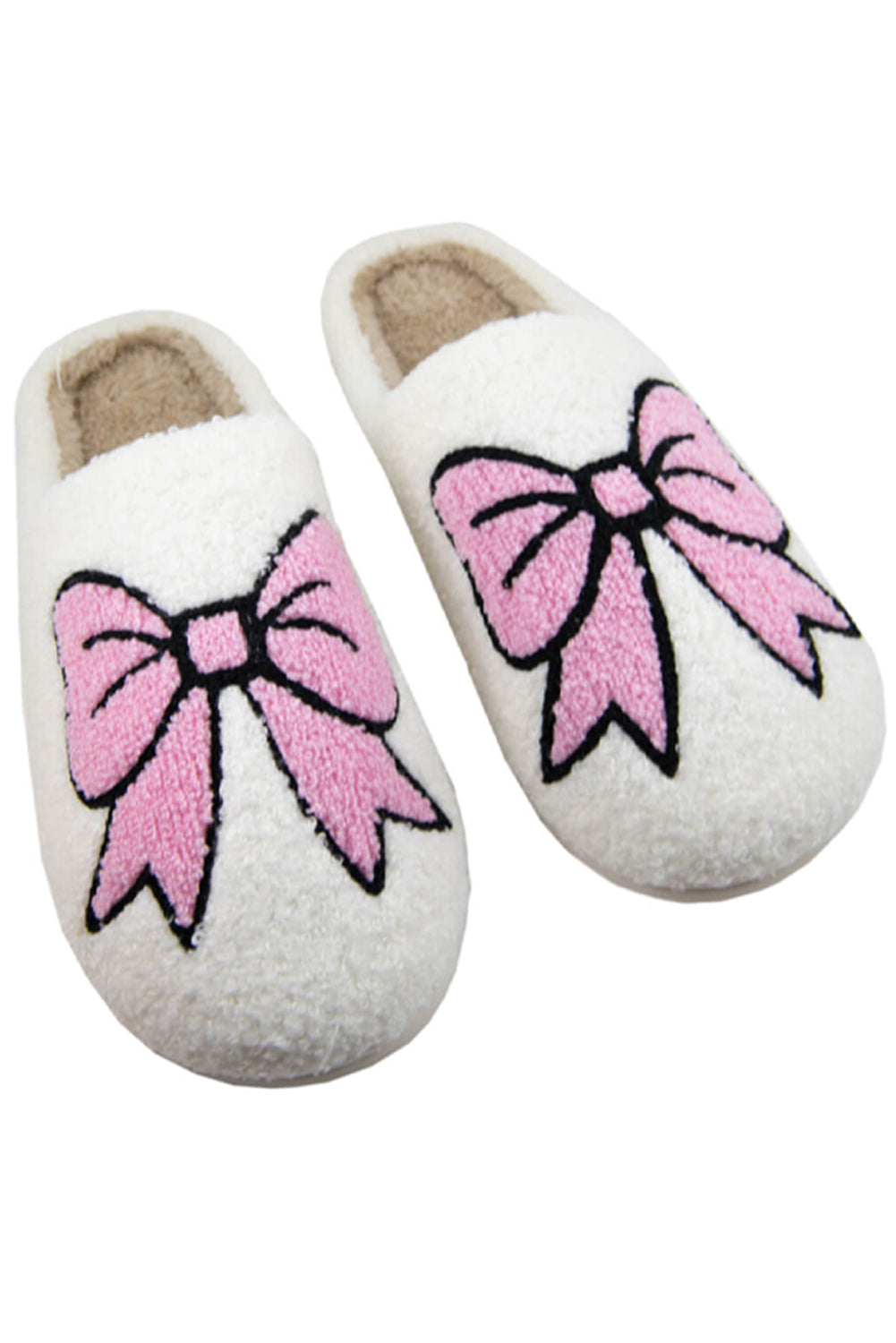White Cute Bowknot Pattern Fuzzy Winter Home Slippers – Plush Slip-On