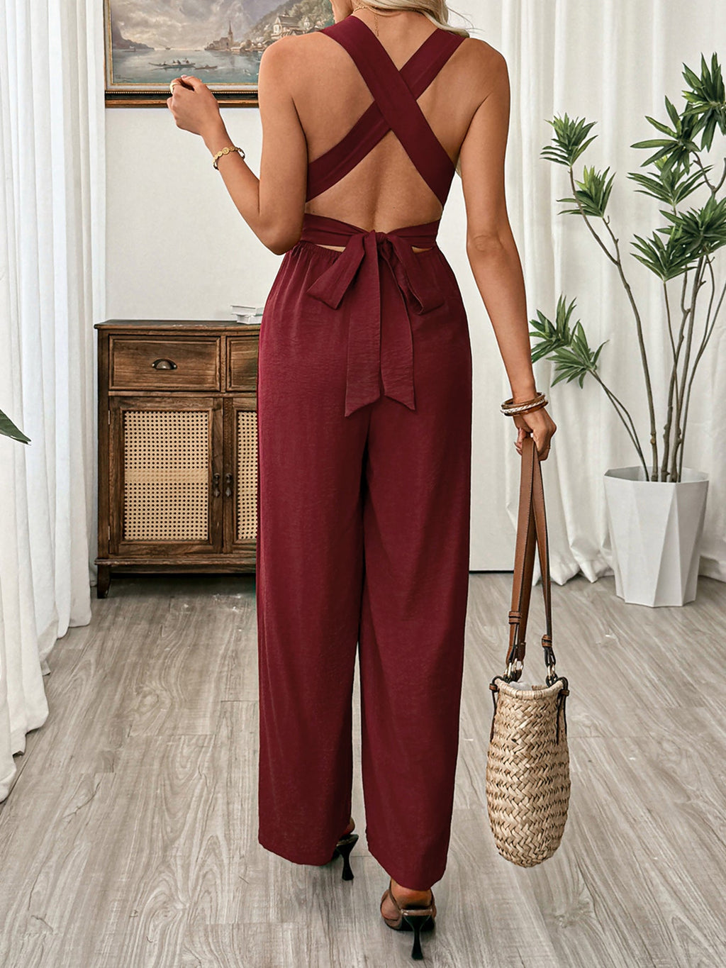Women's Deep Red V-Neck Sleeveless Wide Leg Crisscross Jumpsuit