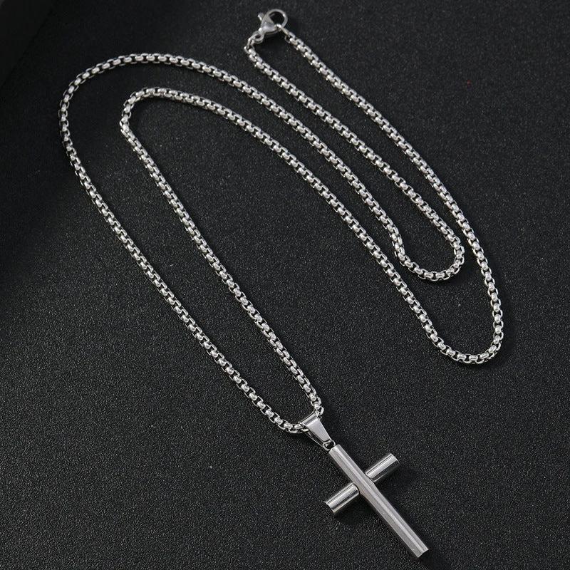 Round Large Beveled Cross Necklace Titanium Steel For Men