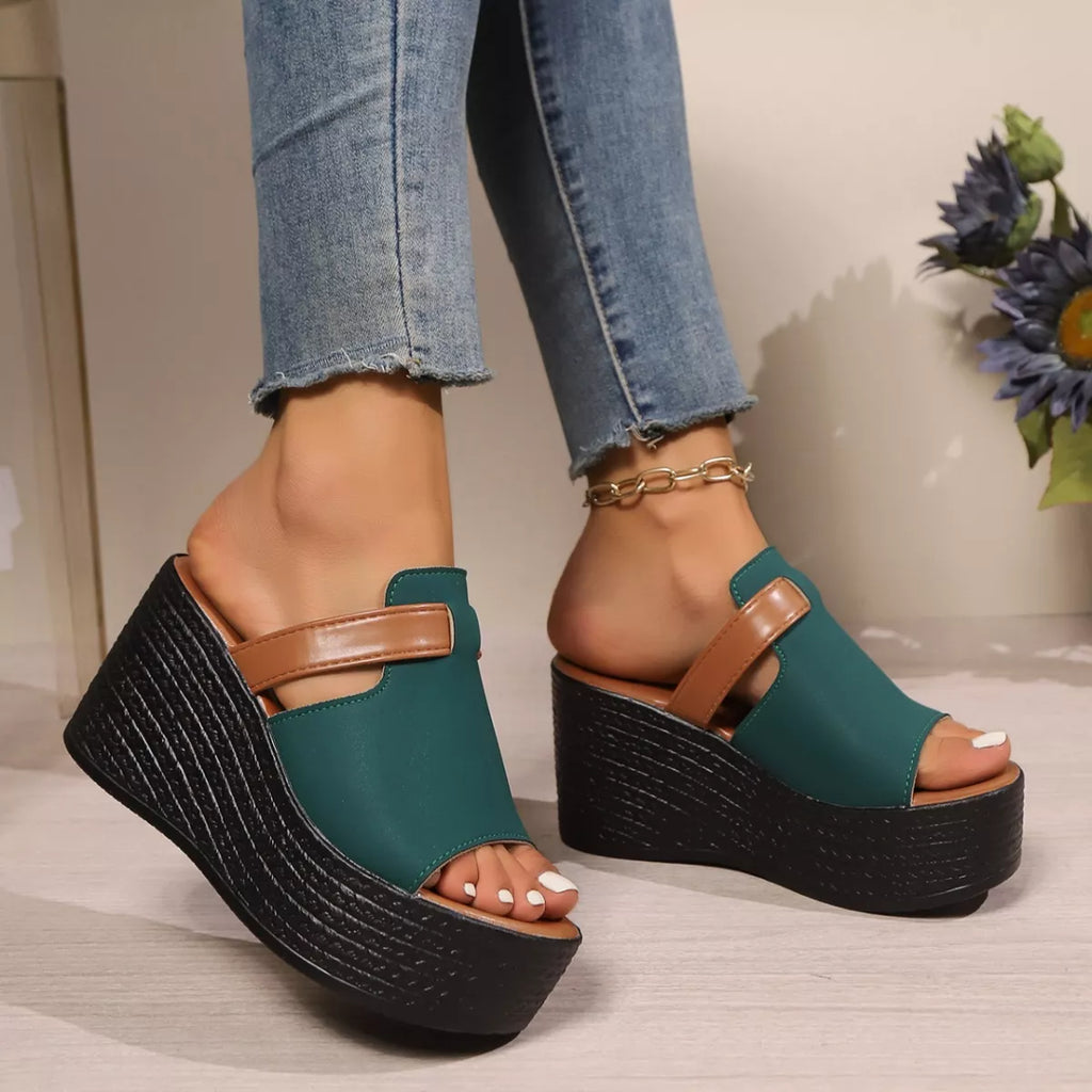 Women's Open Toe Platform Wedge Sandals PU Leather Slide Heels