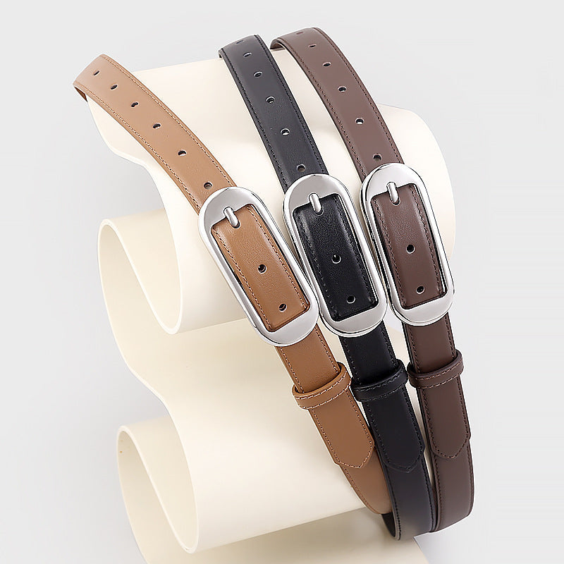 Women's Leather Skinny Belt with Buckle – Classic Neutral