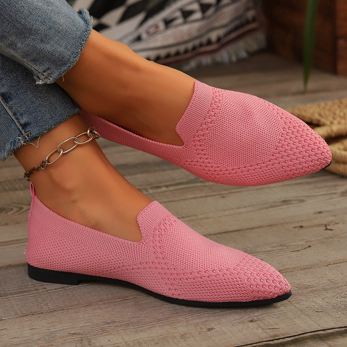 Women's Black Pointed-Toe Mesh Slip-On Flats Breathable Shoes