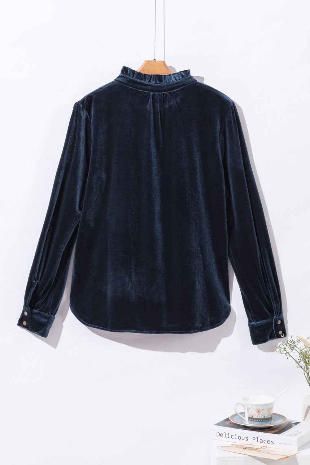 Green Frilled Neck Buttoned Front Velvet Women's Top