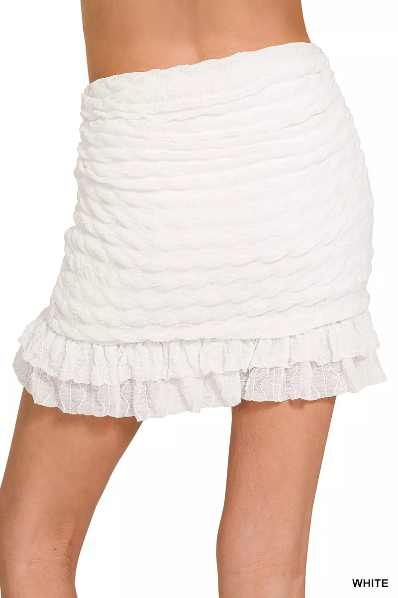 White Ruched Mini Skirt with Built-in Shorts