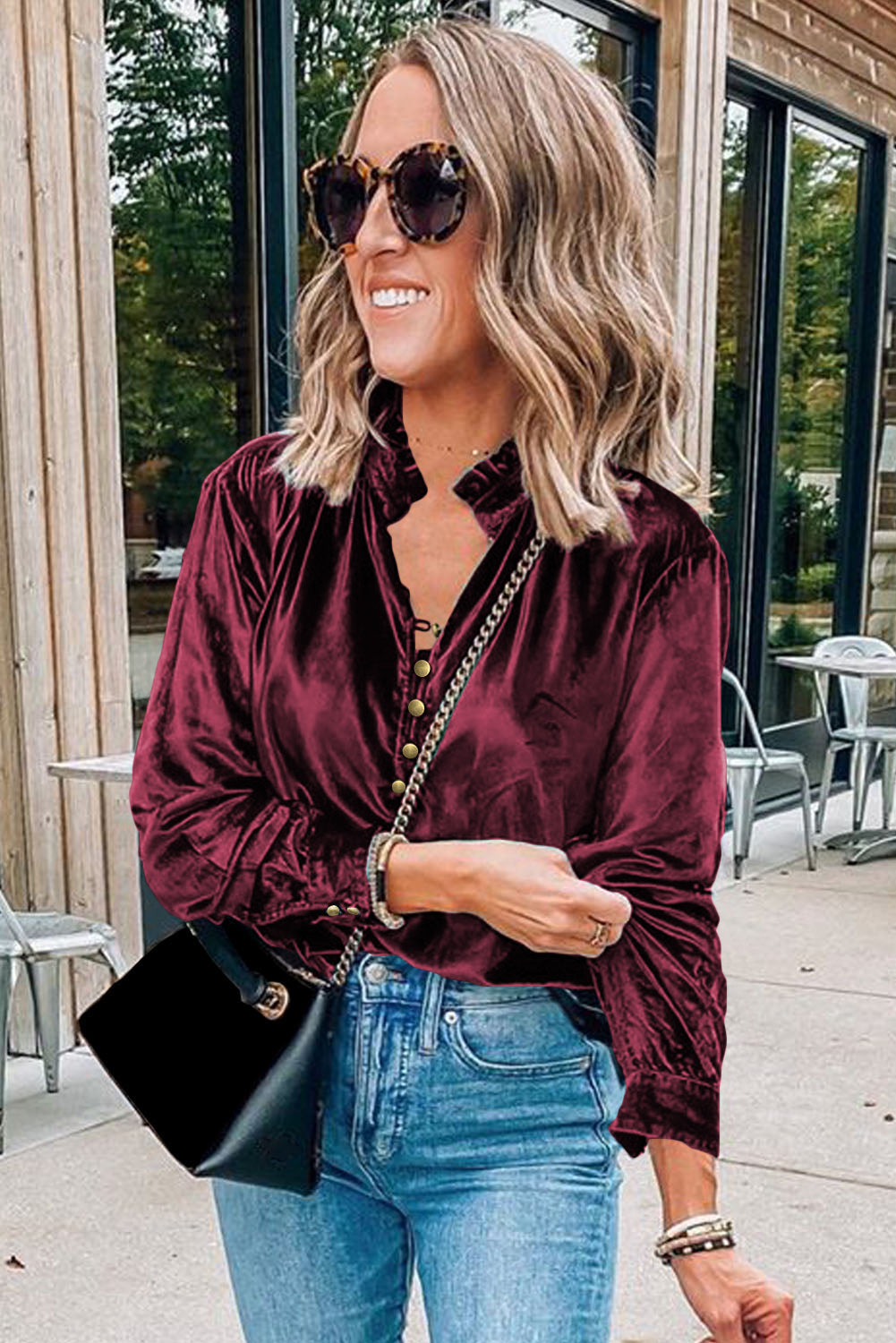 Green Frilled Neck Buttoned Front Velvet Women's Top