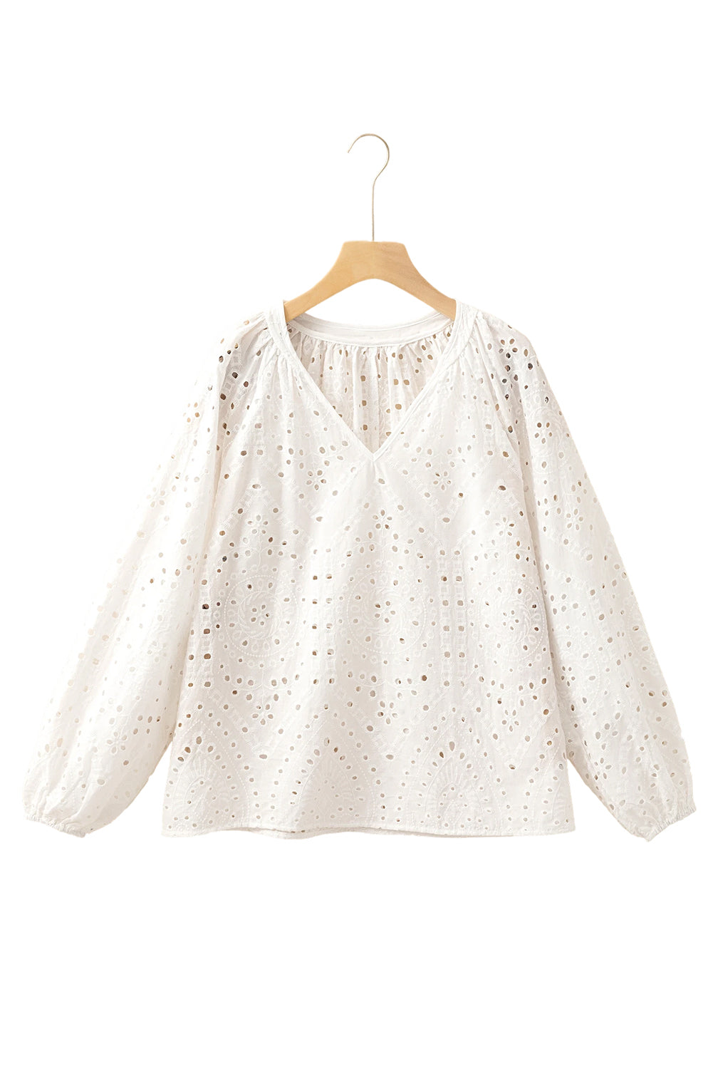 White Eyelet Puff Sleeve Blouse with V Neck