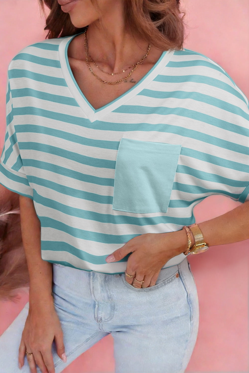 Women Striped V Neck Short Sleeve Casual T Shirt with Pocket