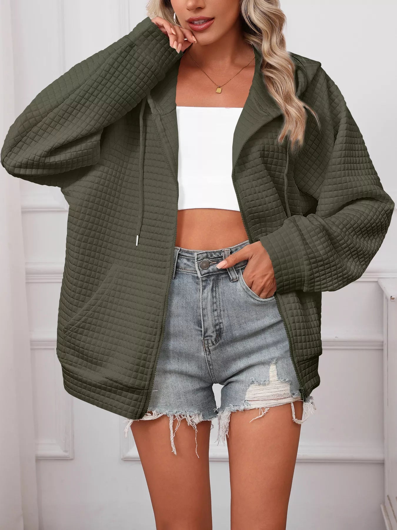 White Quilted Zip-Up Hooded Jacket with Drawstring