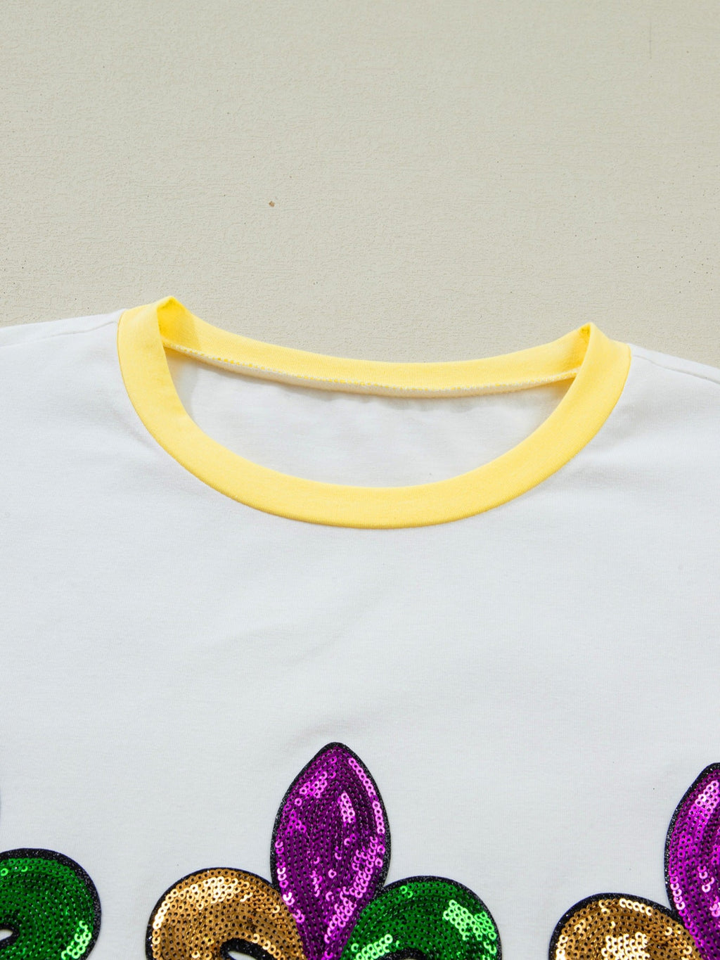 White Sequin Mardi Gras Fleur De Lis Graphic T-Shirt