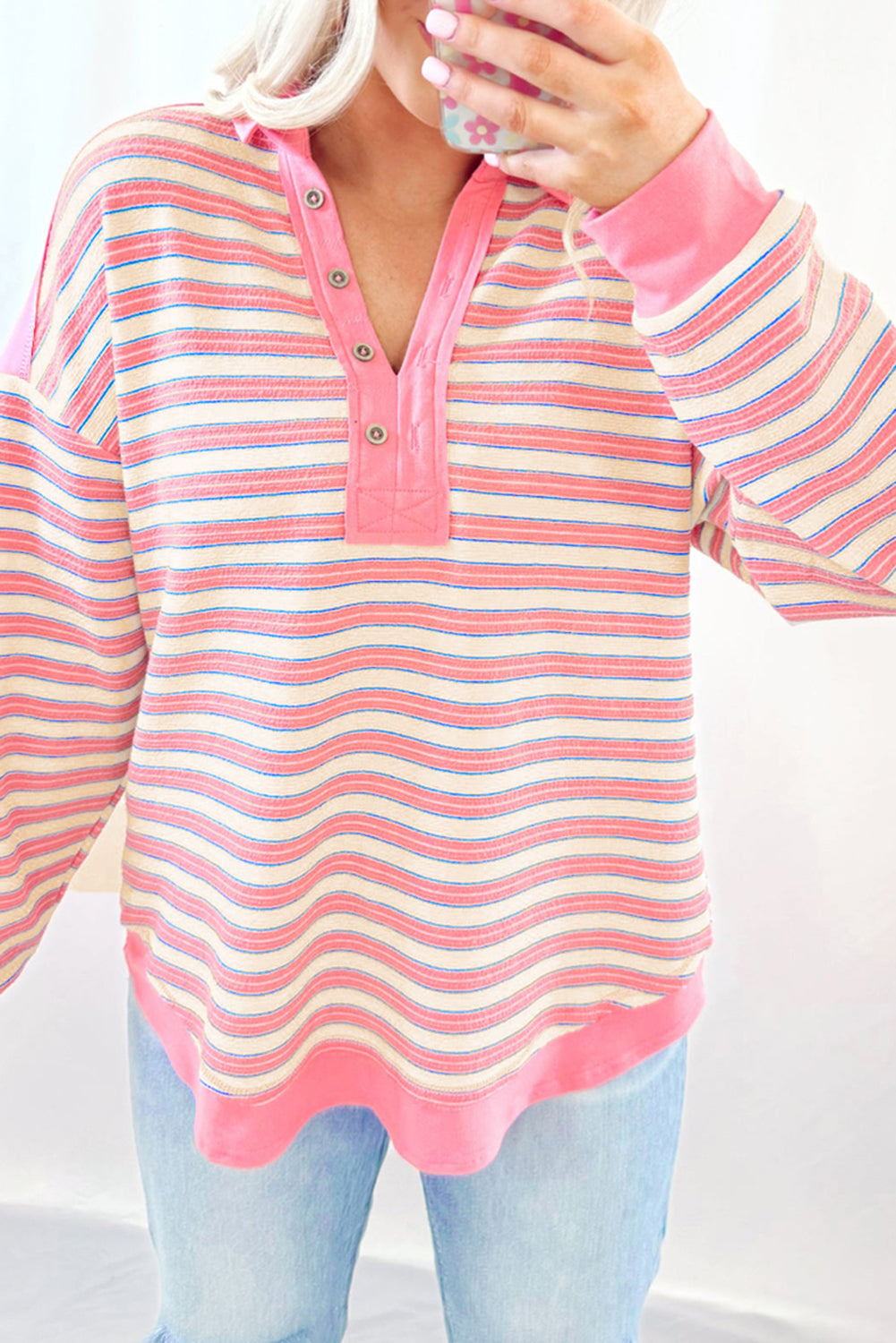 Pink Stripe Buttoned V Neck Collared Drop Shoulder Women's Top