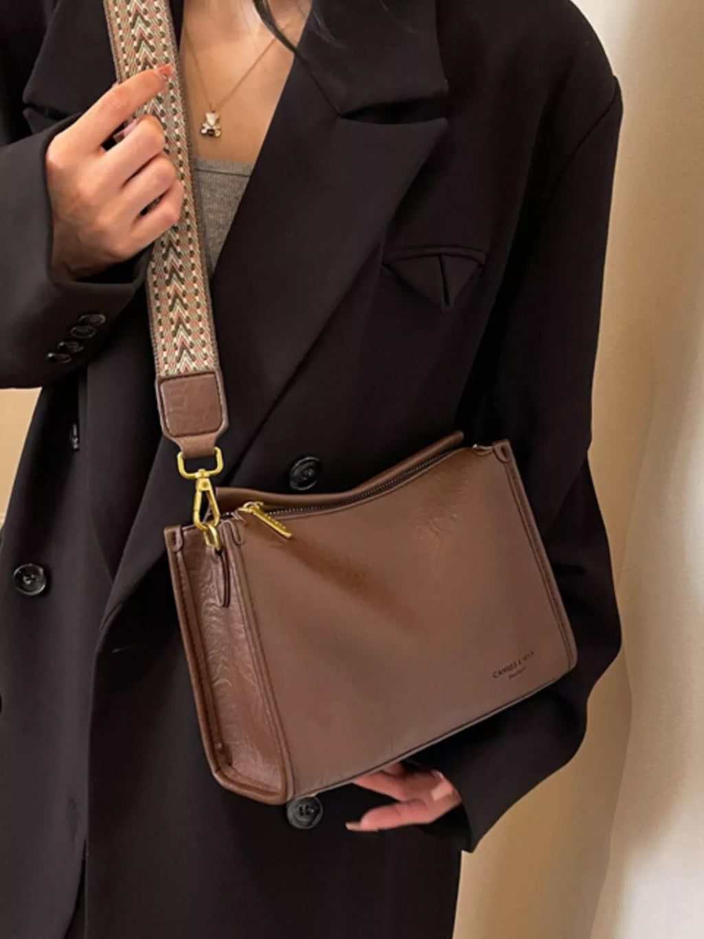 Wide Strap Crossbody Bag - Medium PU Leather